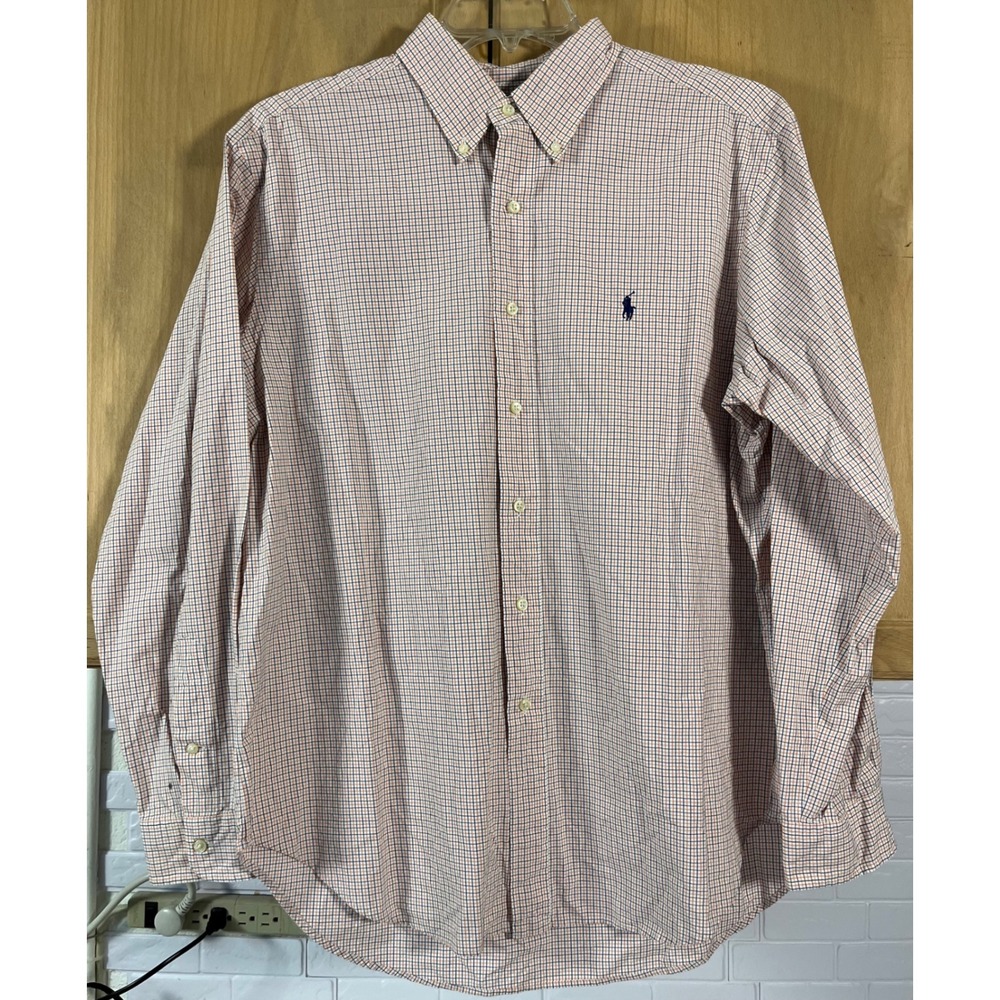 Ralph Lauren Button Down Men 16.5 34/35 Orange Blue Tattersall Classic Fit
